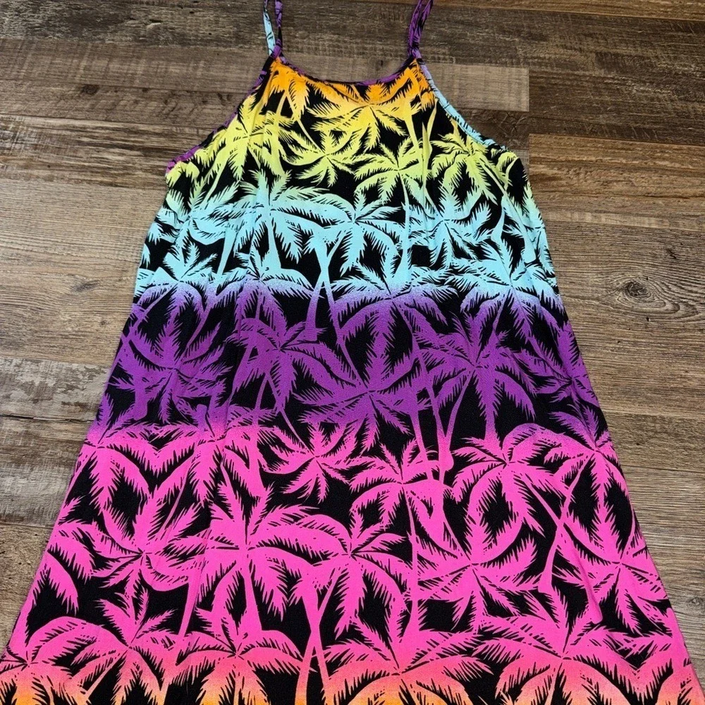 Cabana by Crown & Ivy Girls Large Neon Ombre Palm Tree Print Rayon Shift Dress